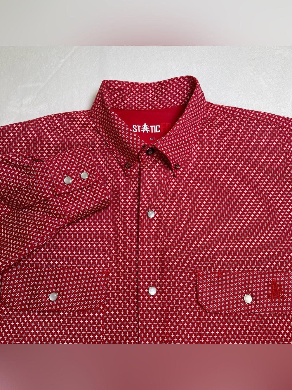 Static FR Men XLT Red Cross Geo Pattern Long Sleeve Pearl Snap Work Shirt CAT2